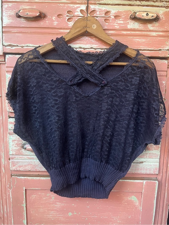 Vintage Tops - Antique Vintage 30s 40s Art Deco Knit Lace Navy Cotton Blouse Top S/M